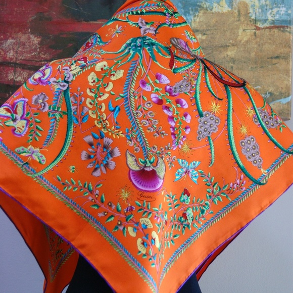 New Gucci Scarf Floral Orange Green Multicolor Flora Silk Wrap - Picture 8 of 12